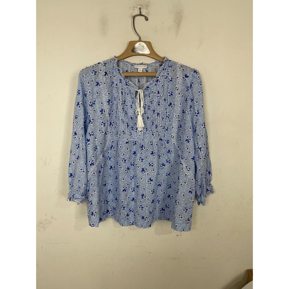 Charter Club Womens Blue Floral Pintuck Tassel Blouse Metallic Stripe Large